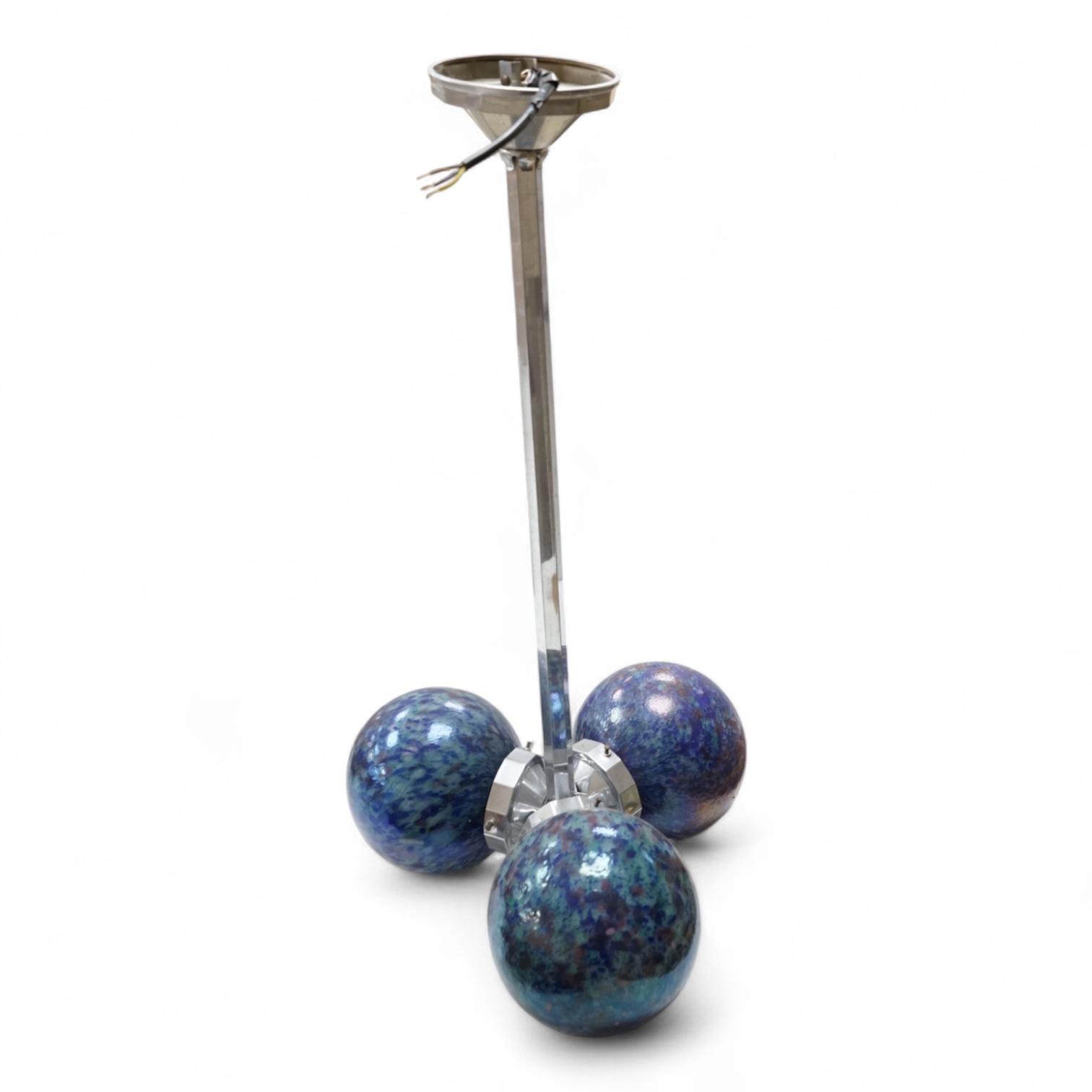 A French Art Deco chromed metal triple glass globed pendant ceiling light, 63cm high